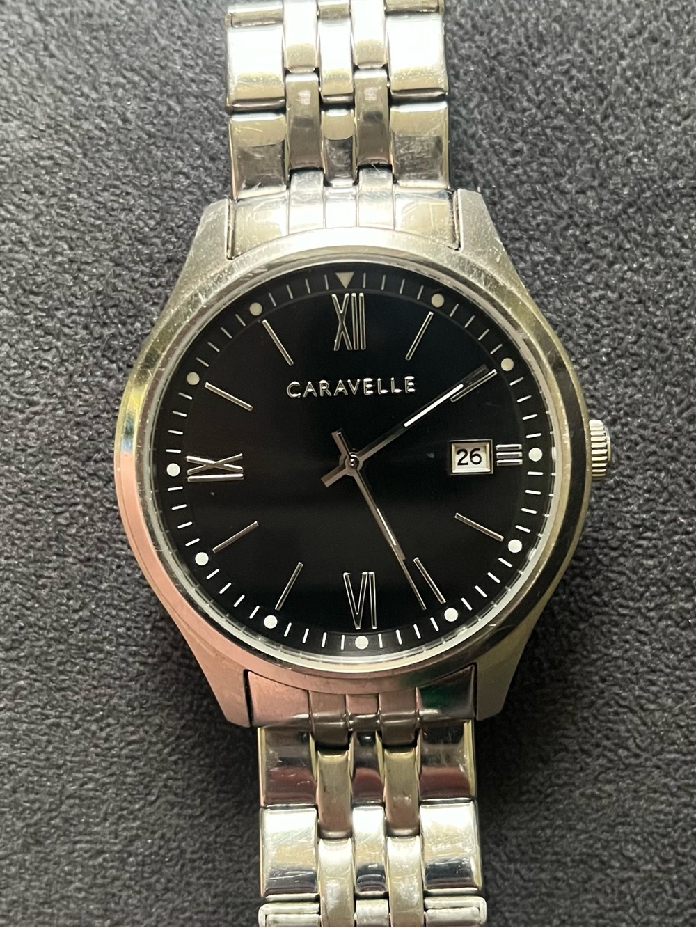 Men's Silver Caravelle Watch with Black Watch Face